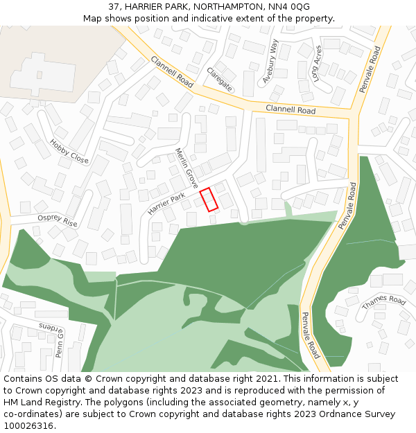 37, HARRIER PARK, NORTHAMPTON, NN4 0QG: Location map and indicative extent of plot