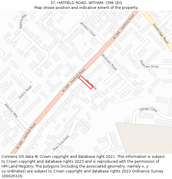 37, HATFIELD ROAD, WITHAM, CM8 1EG: Location map and indicative extent of plot