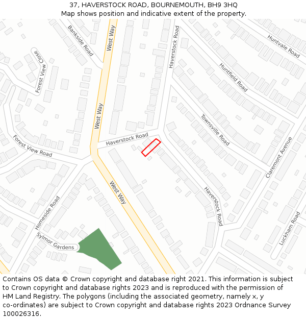 37, HAVERSTOCK ROAD, BOURNEMOUTH, BH9 3HQ: Location map and indicative extent of plot