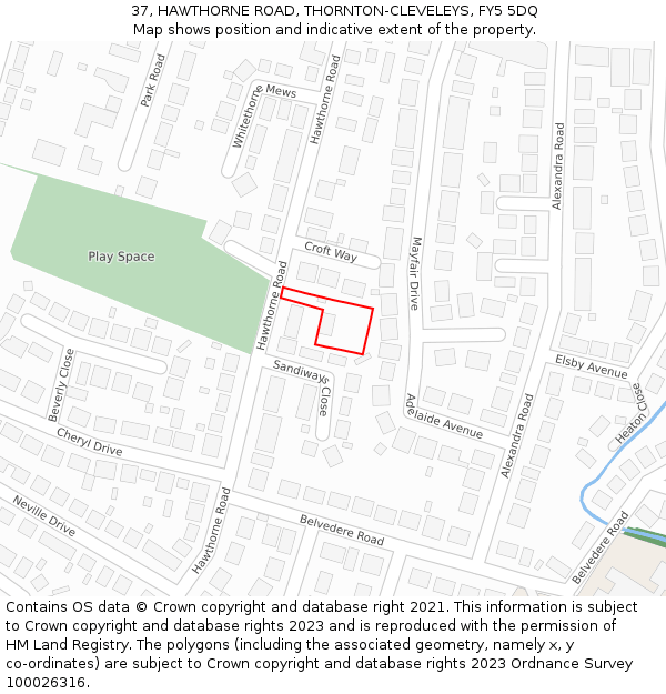 37, HAWTHORNE ROAD, THORNTON-CLEVELEYS, FY5 5DQ: Location map and indicative extent of plot