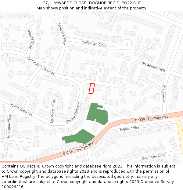 37, HAYWARDS CLOSE, BOGNOR REGIS, PO22 8HF: Location map and indicative extent of plot