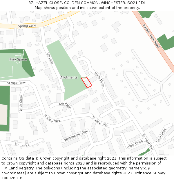 37, HAZEL CLOSE, COLDEN COMMON, WINCHESTER, SO21 1DL: Location map and indicative extent of plot