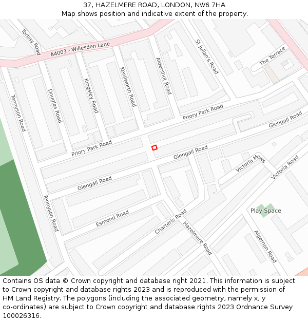 37, HAZELMERE ROAD, LONDON, NW6 7HA: Location map and indicative extent of plot