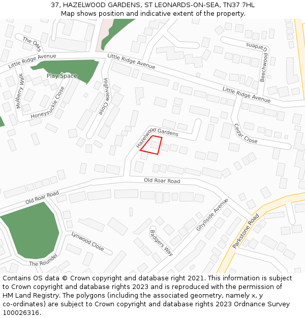 37, HAZELWOOD GARDENS, ST LEONARDS-ON-SEA, TN37 7HL: Location map and indicative extent of plot