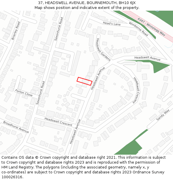 37, HEADSWELL AVENUE, BOURNEMOUTH, BH10 6JX: Location map and indicative extent of plot
