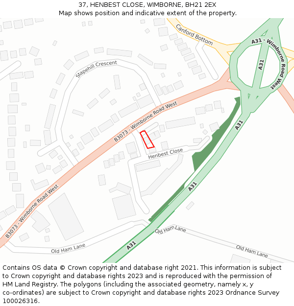 37, HENBEST CLOSE, WIMBORNE, BH21 2EX: Location map and indicative extent of plot