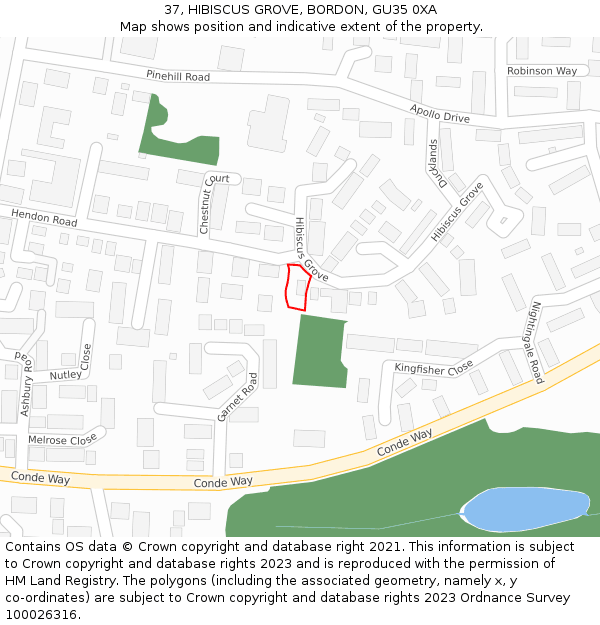 37, HIBISCUS GROVE, BORDON, GU35 0XA: Location map and indicative extent of plot
