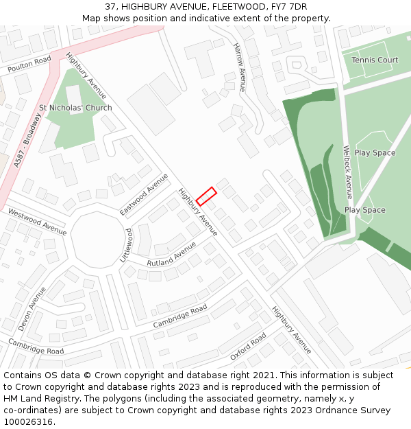 37, HIGHBURY AVENUE, FLEETWOOD, FY7 7DR: Location map and indicative extent of plot