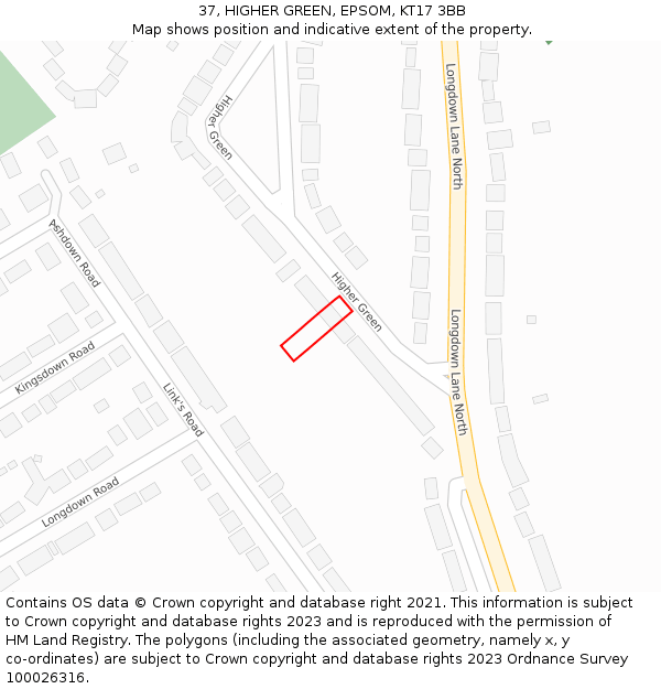 37, HIGHER GREEN, EPSOM, KT17 3BB: Location map and indicative extent of plot