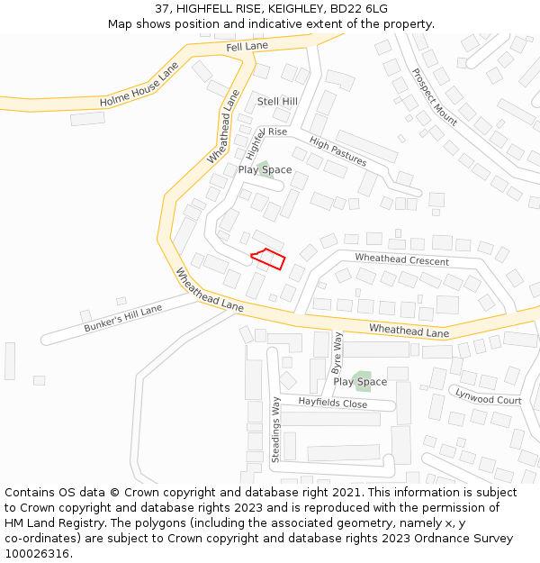 37, HIGHFELL RISE, KEIGHLEY, BD22 6LG: Location map and indicative extent of plot