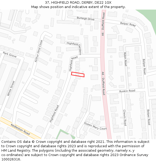 37, HIGHFIELD ROAD, DERBY, DE22 1GX: Location map and indicative extent of plot