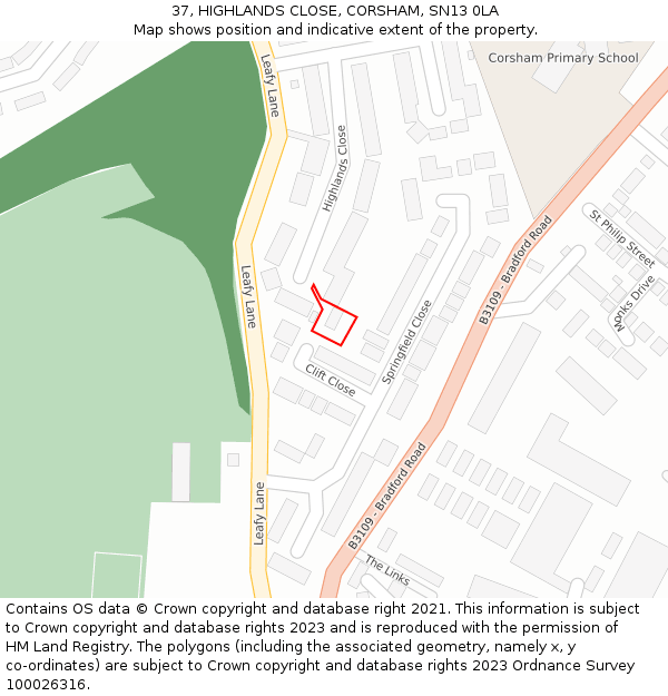 37, HIGHLANDS CLOSE, CORSHAM, SN13 0LA: Location map and indicative extent of plot