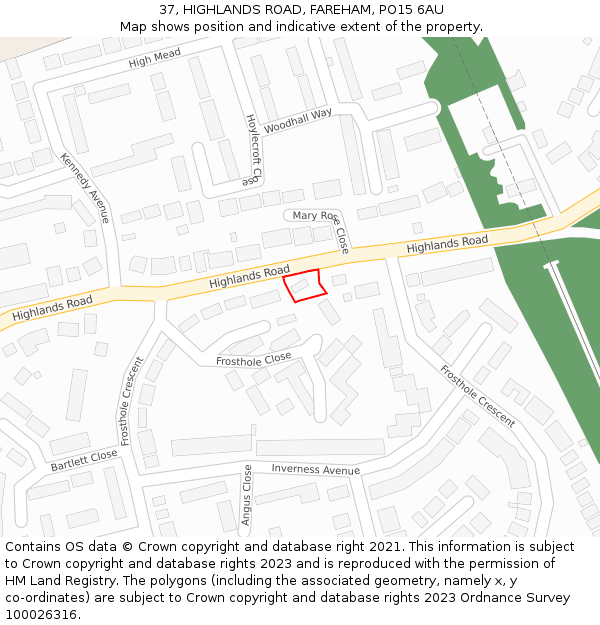 37, HIGHLANDS ROAD, FAREHAM, PO15 6AU: Location map and indicative extent of plot