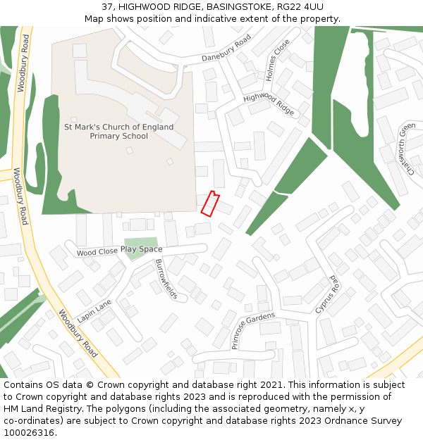 37, HIGHWOOD RIDGE, BASINGSTOKE, RG22 4UU: Location map and indicative extent of plot
