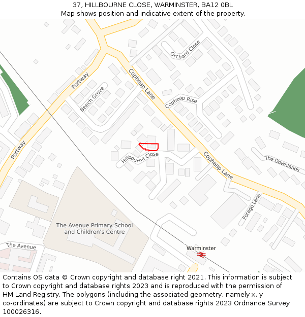 37, HILLBOURNE CLOSE, WARMINSTER, BA12 0BL: Location map and indicative extent of plot