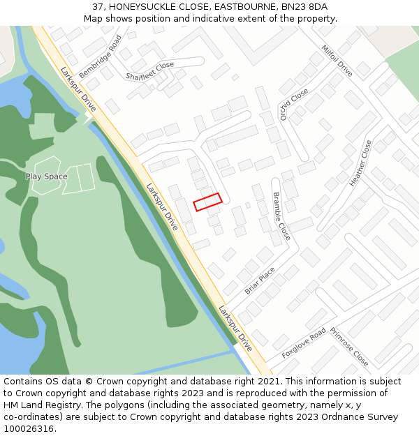 37, HONEYSUCKLE CLOSE, EASTBOURNE, BN23 8DA: Location map and indicative extent of plot