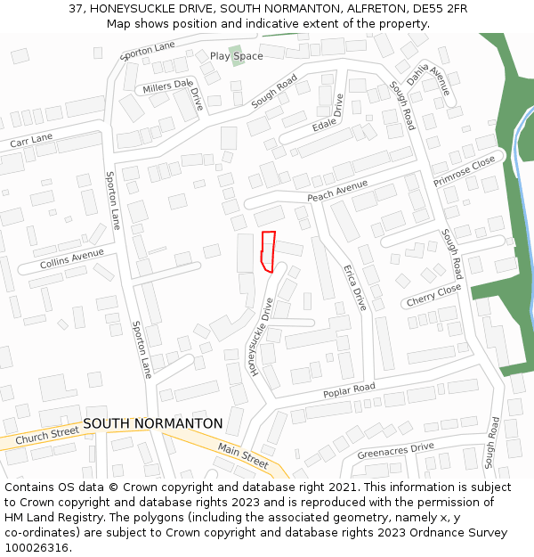 37, HONEYSUCKLE DRIVE, SOUTH NORMANTON, ALFRETON, DE55 2FR: Location map and indicative extent of plot