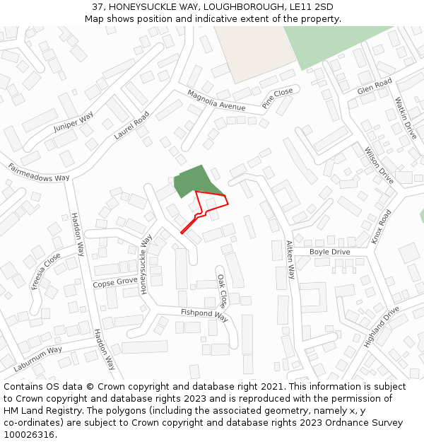 37, HONEYSUCKLE WAY, LOUGHBOROUGH, LE11 2SD: Location map and indicative extent of plot
