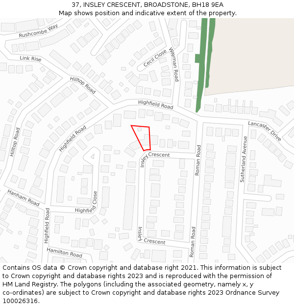 37, INSLEY CRESCENT, BROADSTONE, BH18 9EA: Location map and indicative extent of plot