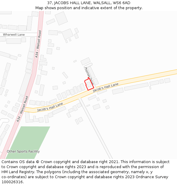 37, JACOBS HALL LANE, WALSALL, WS6 6AD: Location map and indicative extent of plot