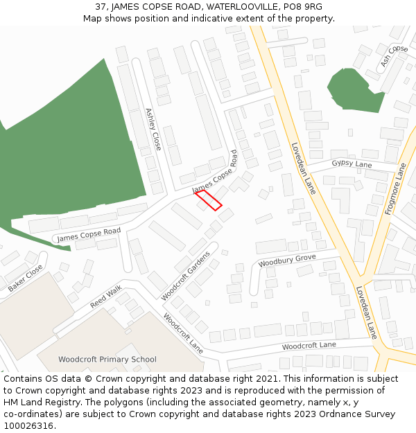 37, JAMES COPSE ROAD, WATERLOOVILLE, PO8 9RG: Location map and indicative extent of plot