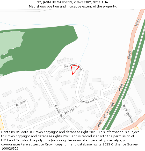 37, JASMINE GARDENS, OSWESTRY, SY11 1UA: Location map and indicative extent of plot