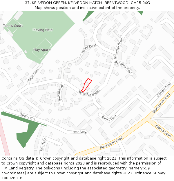 37, KELVEDON GREEN, KELVEDON HATCH, BRENTWOOD, CM15 0XG: Location map and indicative extent of plot
