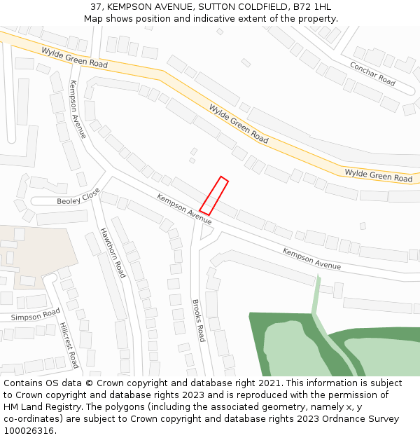 37, KEMPSON AVENUE, SUTTON COLDFIELD, B72 1HL: Location map and indicative extent of plot