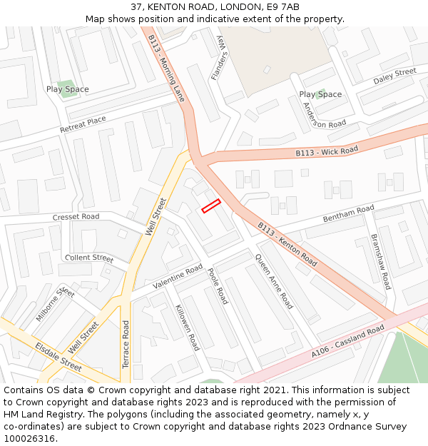 37, KENTON ROAD, LONDON, E9 7AB: Location map and indicative extent of plot