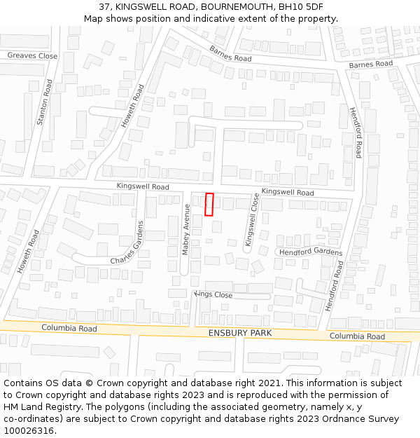 37, KINGSWELL ROAD, BOURNEMOUTH, BH10 5DF: Location map and indicative extent of plot