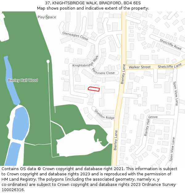 37, KNIGHTSBRIDGE WALK, BRADFORD, BD4 6ES: Location map and indicative extent of plot