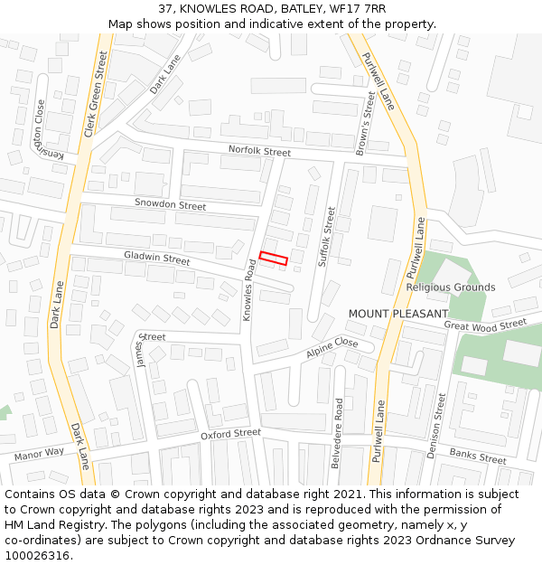 37, KNOWLES ROAD, BATLEY, WF17 7RR: Location map and indicative extent of plot