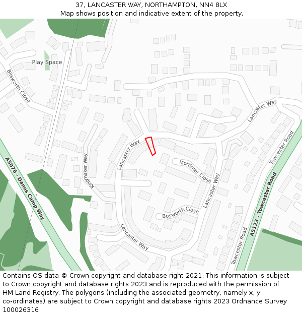 37, LANCASTER WAY, NORTHAMPTON, NN4 8LX: Location map and indicative extent of plot