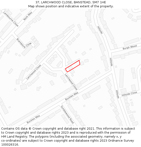 37, LARCHWOOD CLOSE, BANSTEAD, SM7 1HE: Location map and indicative extent of plot