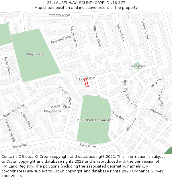 37, LAUREL WAY, SCUNTHORPE, DN16 3GT: Location map and indicative extent of plot