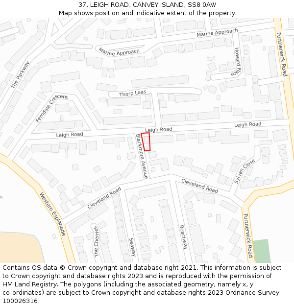 37, LEIGH ROAD, CANVEY ISLAND, SS8 0AW: Location map and indicative extent of plot