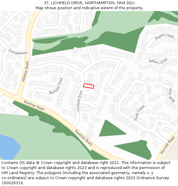37, LICHFIELD DRIVE, NORTHAMPTON, NN4 0QU: Location map and indicative extent of plot