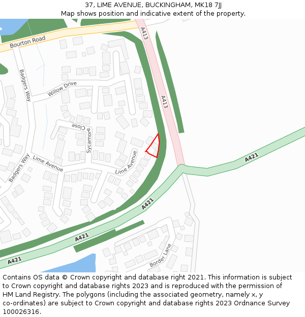 37, LIME AVENUE, BUCKINGHAM, MK18 7JJ: Location map and indicative extent of plot