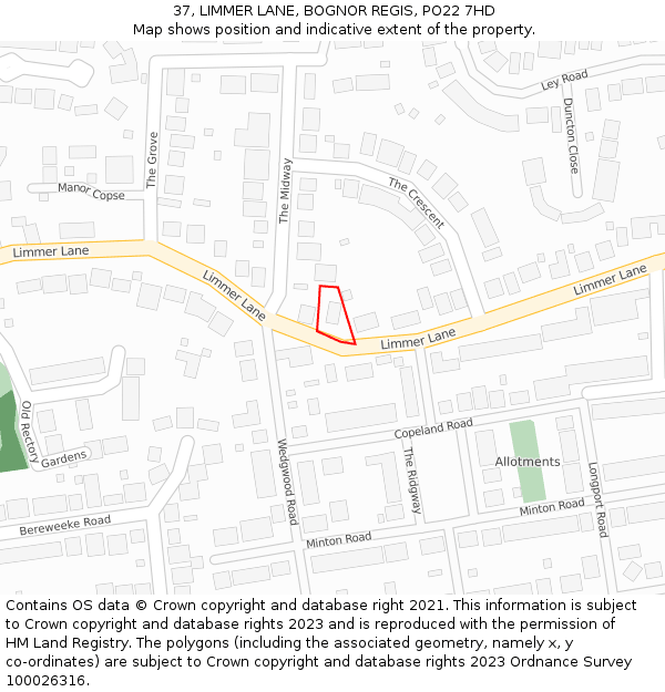 37, LIMMER LANE, BOGNOR REGIS, PO22 7HD: Location map and indicative extent of plot