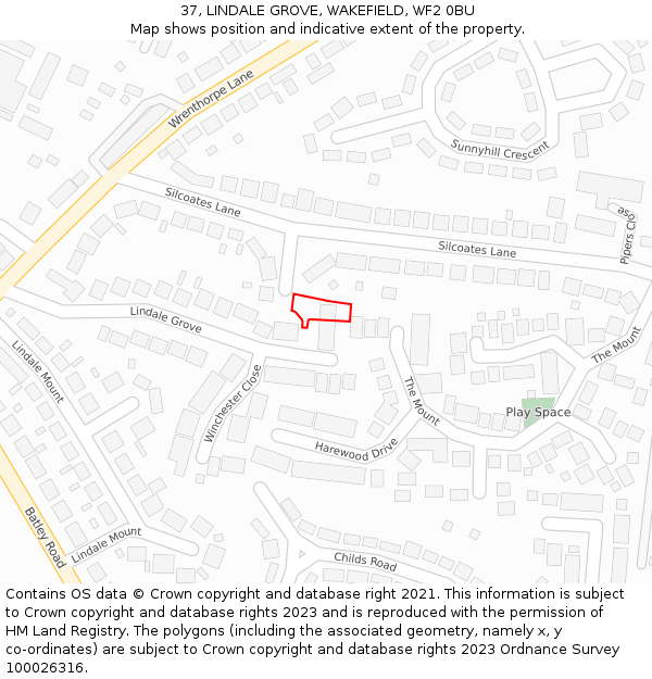 37, LINDALE GROVE, WAKEFIELD, WF2 0BU: Location map and indicative extent of plot
