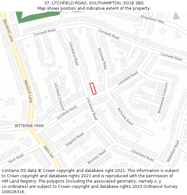 37, LITCHFIELD ROAD, SOUTHAMPTON, SO18 2BG: Location map and indicative extent of plot