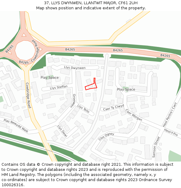 37, LLYS DWYNWEN, LLANTWIT MAJOR, CF61 2UH: Location map and indicative extent of plot