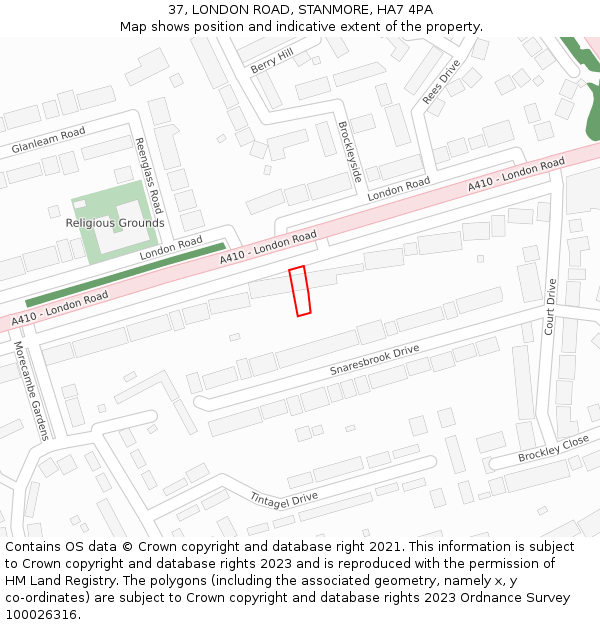 37, LONDON ROAD, STANMORE, HA7 4PA: Location map and indicative extent of plot
