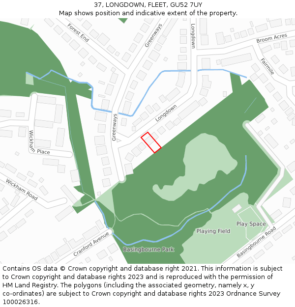 37, LONGDOWN, FLEET, GU52 7UY: Location map and indicative extent of plot