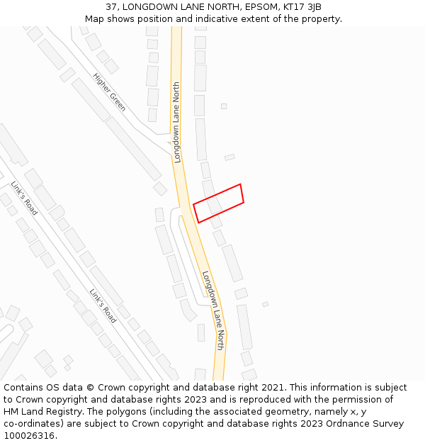 37, LONGDOWN LANE NORTH, EPSOM, KT17 3JB: Location map and indicative extent of plot