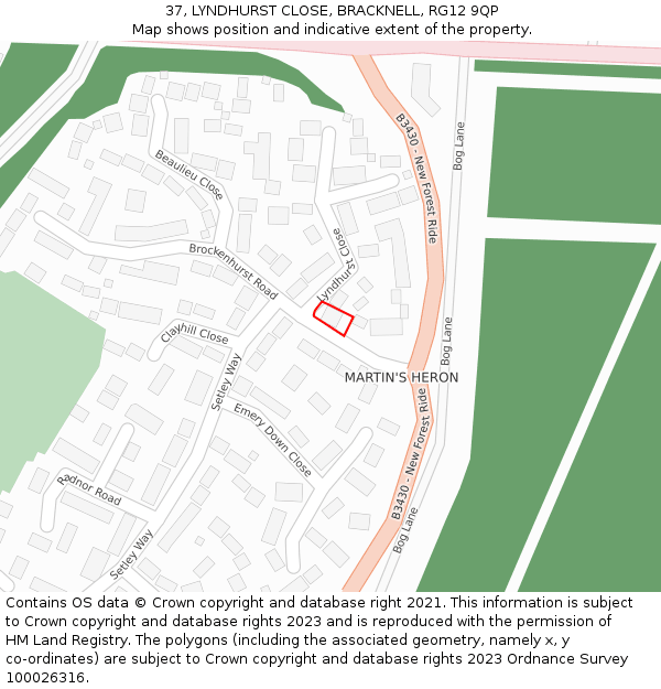 37, LYNDHURST CLOSE, BRACKNELL, RG12 9QP: Location map and indicative extent of plot