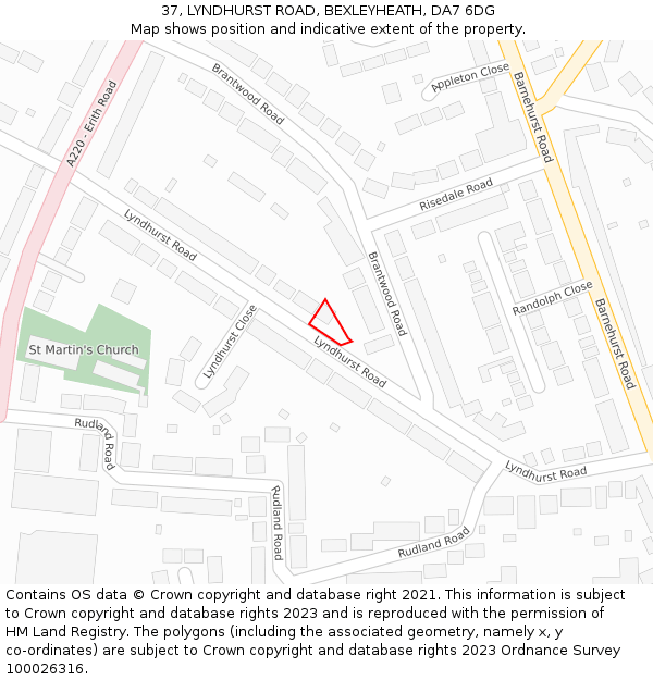 37, LYNDHURST ROAD, BEXLEYHEATH, DA7 6DG: Location map and indicative extent of plot