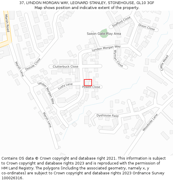 37, LYNDON MORGAN WAY, LEONARD STANLEY, STONEHOUSE, GL10 3GF: Location map and indicative extent of plot