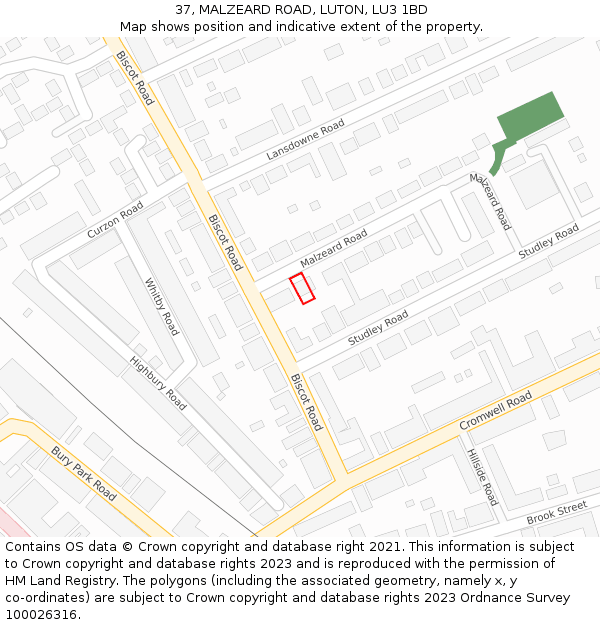 37, MALZEARD ROAD, LUTON, LU3 1BD: Location map and indicative extent of plot