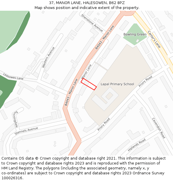 37, MANOR LANE, HALESOWEN, B62 8PZ: Location map and indicative extent of plot